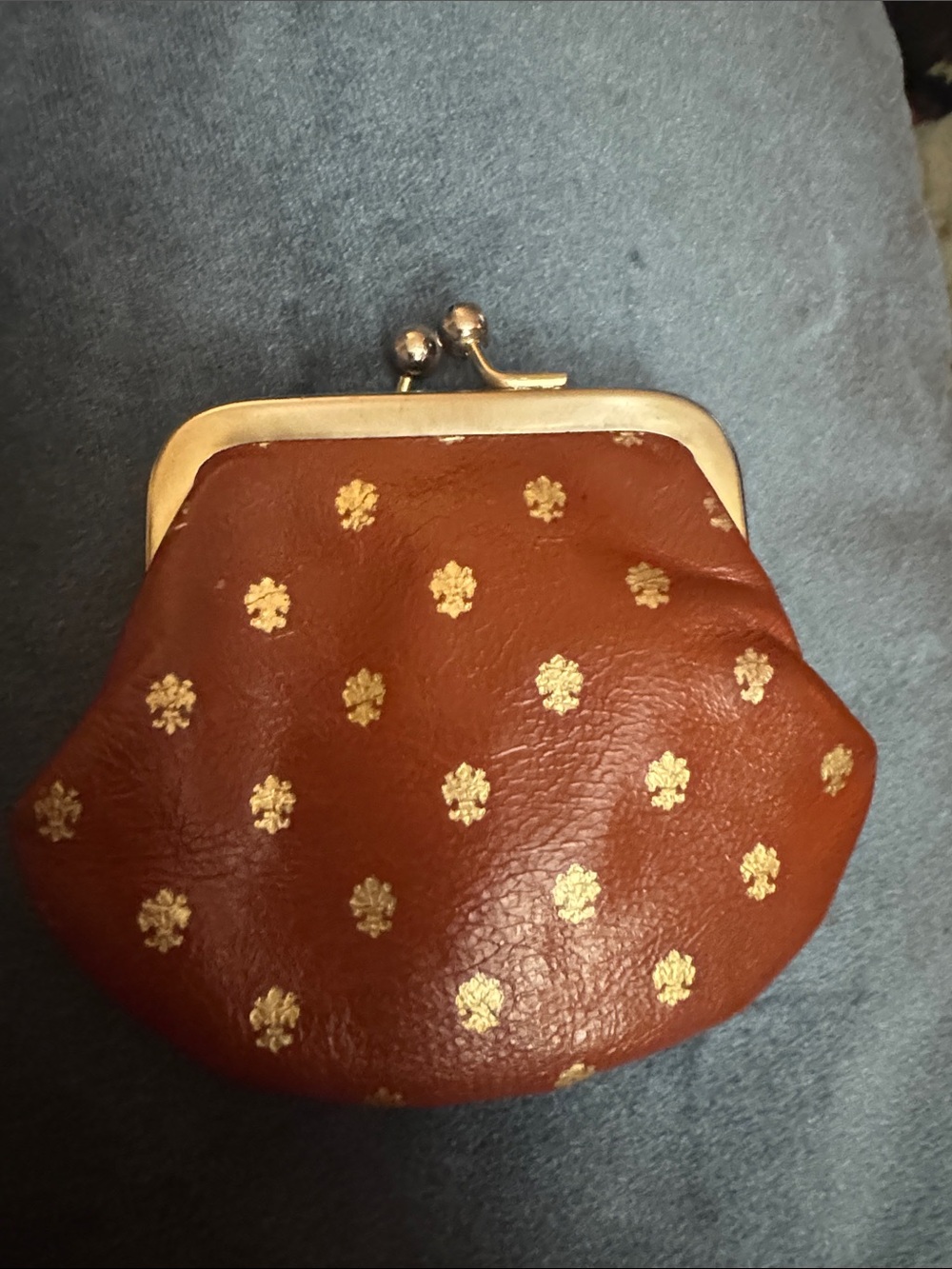Leather Brown Coin Purse with Gold Floral Accents Designed for Daytons
